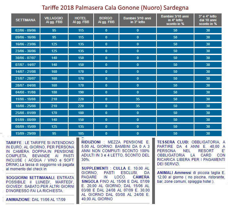 Tariffe Palmasera Cala Gonone